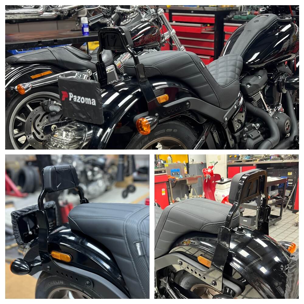 Harley M8 Softail Low Rider S FXLR FXLRS Low profile Fixed Mini Sports Sissy Bar Kit Club Style Backrests 2018-2025 - pazoma