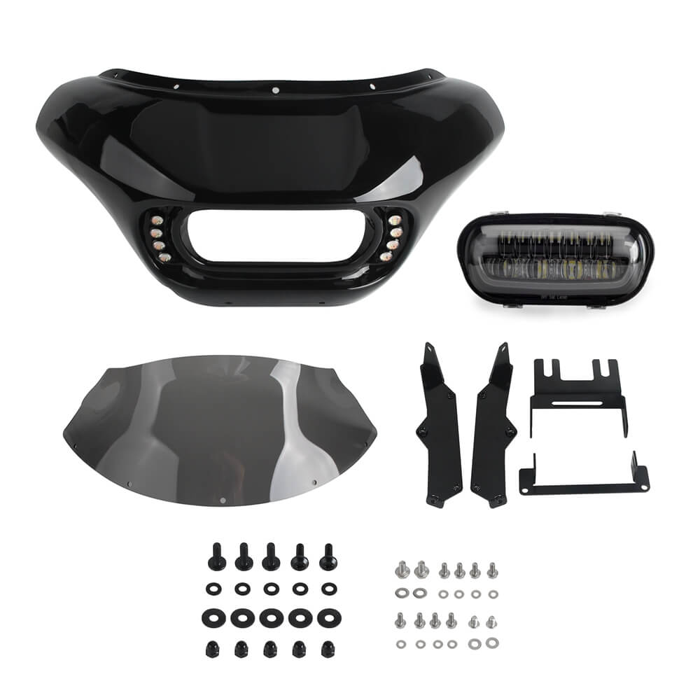 Harley Dyna Low Rider Street Bob Super Glide Club Style Headlight Shark Fairing Front Mask w/LED Headlamp DRL Turn Signal Kit - pazoma