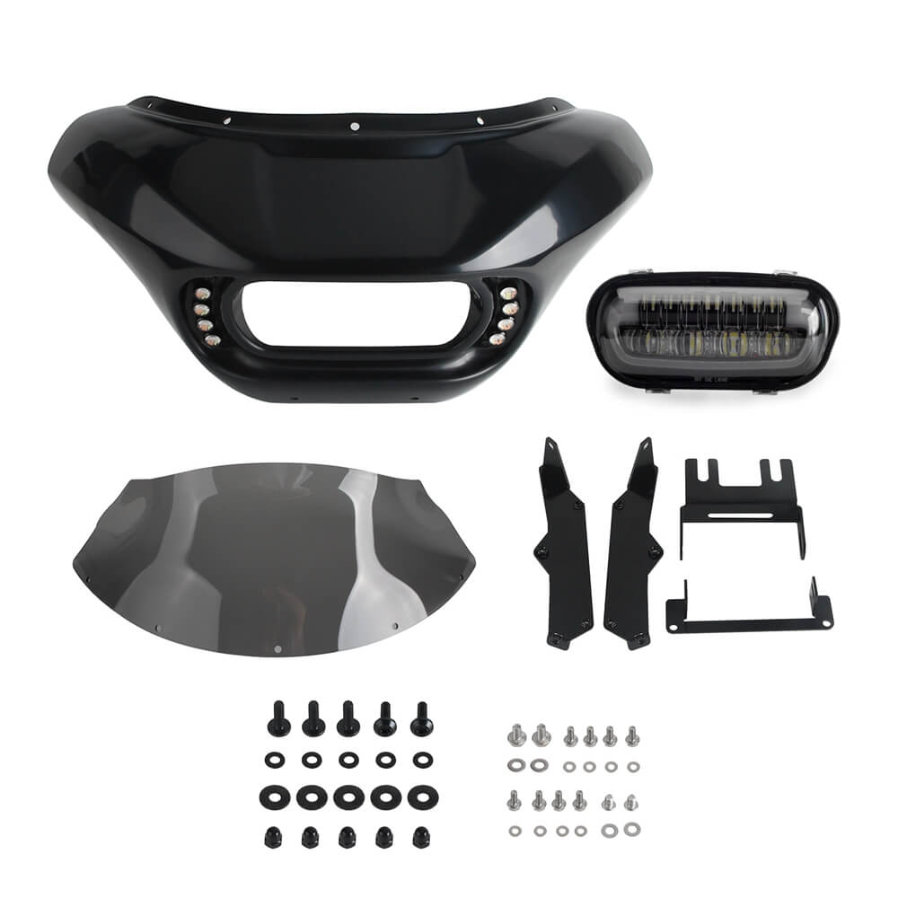 Harley Dyna Low Rider Street Bob Super Glide Club Style Headlight Shark Fairing Front Mask w/LED Headlamp DRL Turn Signal Kit - pazoma