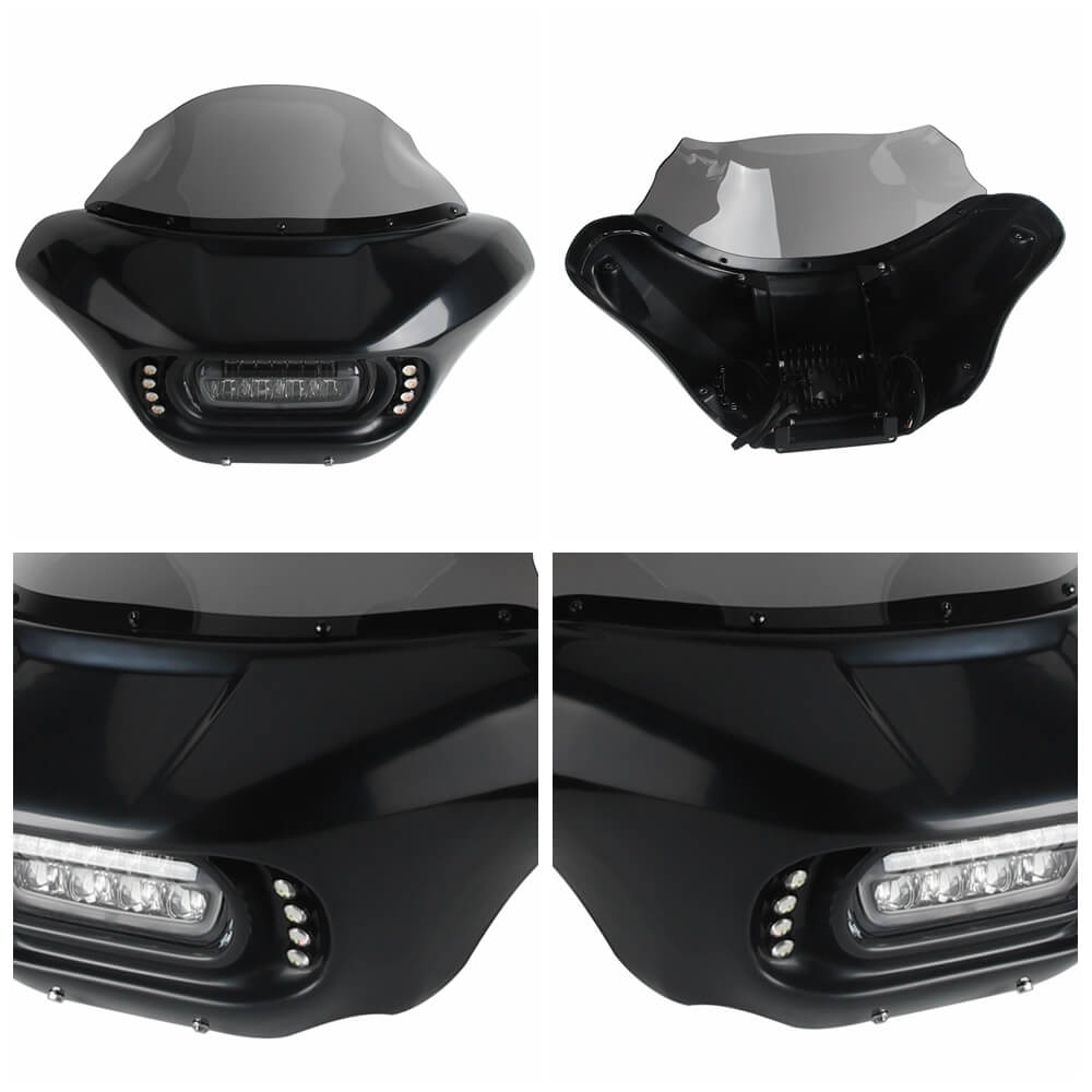 Harley Dyna Low Rider Street Bob Super Glide Club Style Headlight Shark Fairing Front Mask w/LED Headlamp DRL Turn Signal Kit - pazoma
