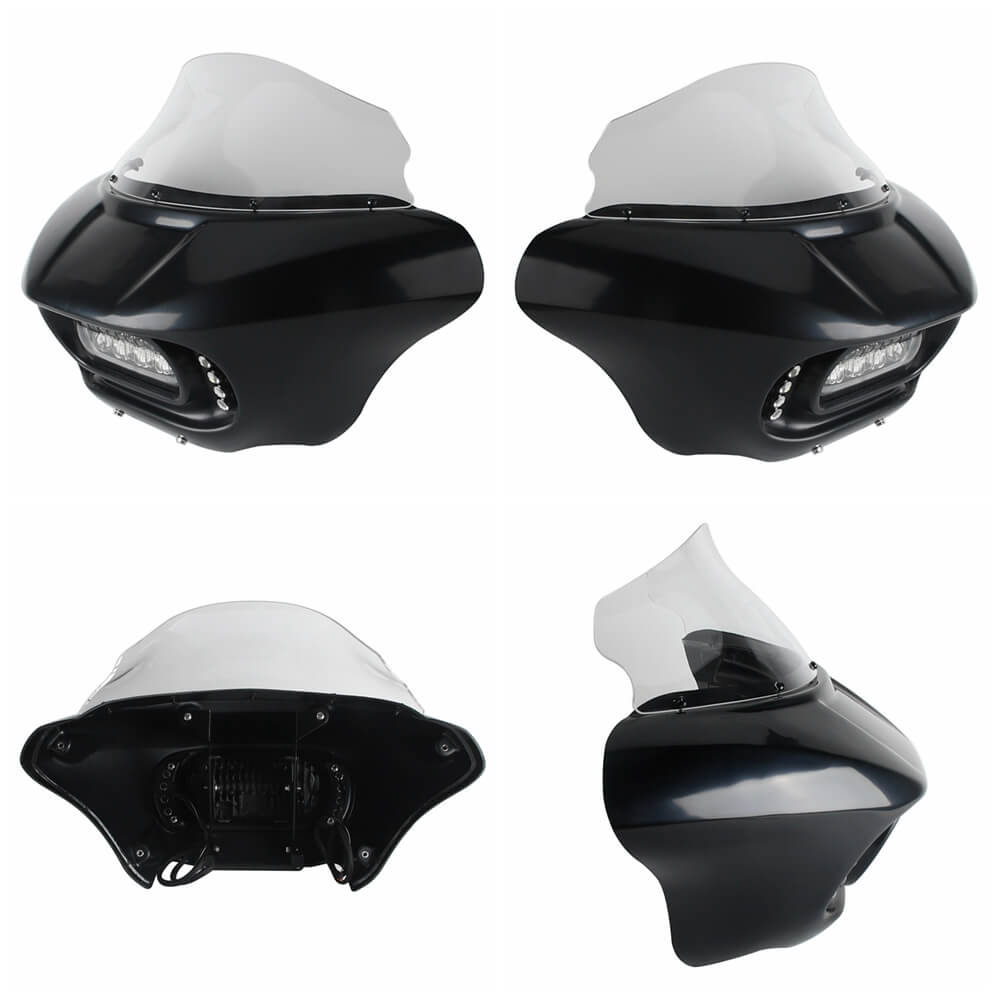 Harley Dyna Low Rider Street Bob Super Glide Club Style Headlight Shark Fairing Front Mask w/LED Headlamp DRL Turn Signal Kit - pazoma