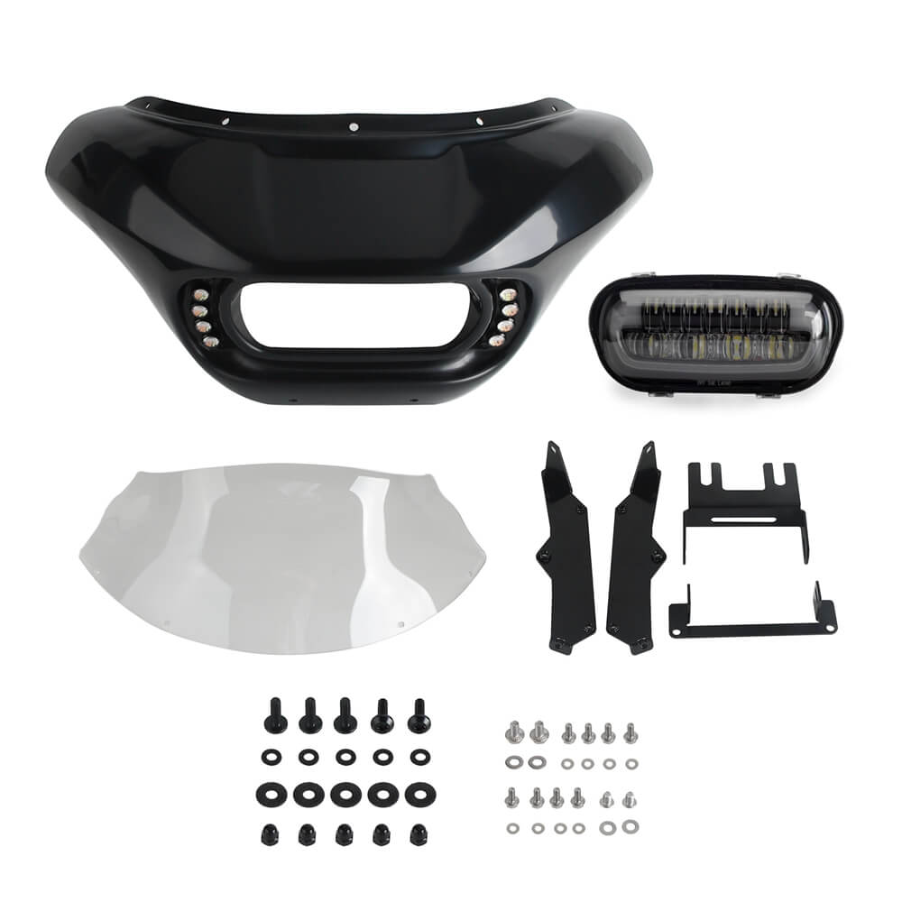 Harley Dyna Low Rider Street Bob Super Glide Club Style Headlight Shark Fairing Front Mask w/LED Headlamp DRL Turn Signal Kit - pazoma