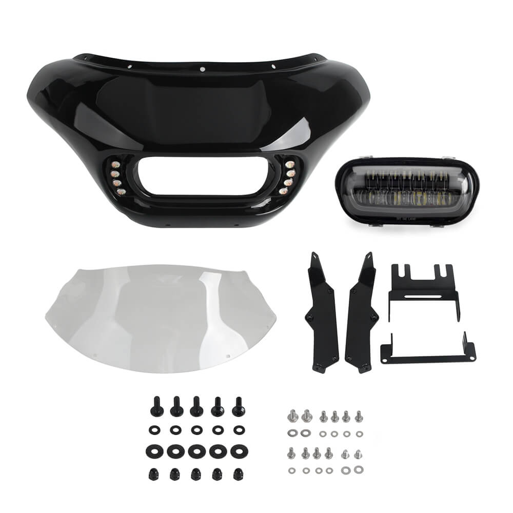Harley Dyna Low Rider Street Bob Super Glide Club Style Headlight Shark Fairing Front Mask w/LED Headlamp DRL Turn Signal Kit - pazoma
