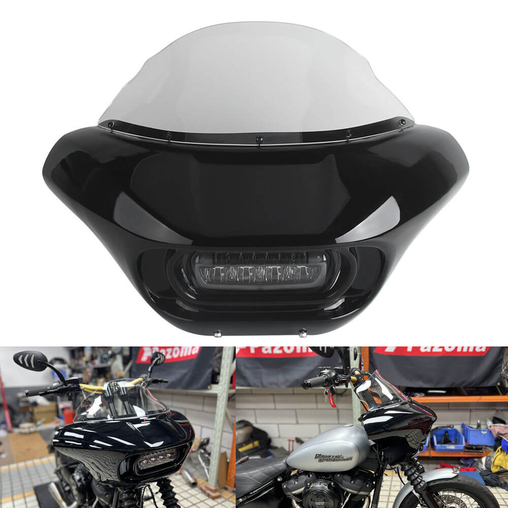Harley M8 Softail Street Bob Low Rider Standard Club Style Headlight Shark Fairing Front Mask w/LED Headlamp DRL Turn Signal - pazoma