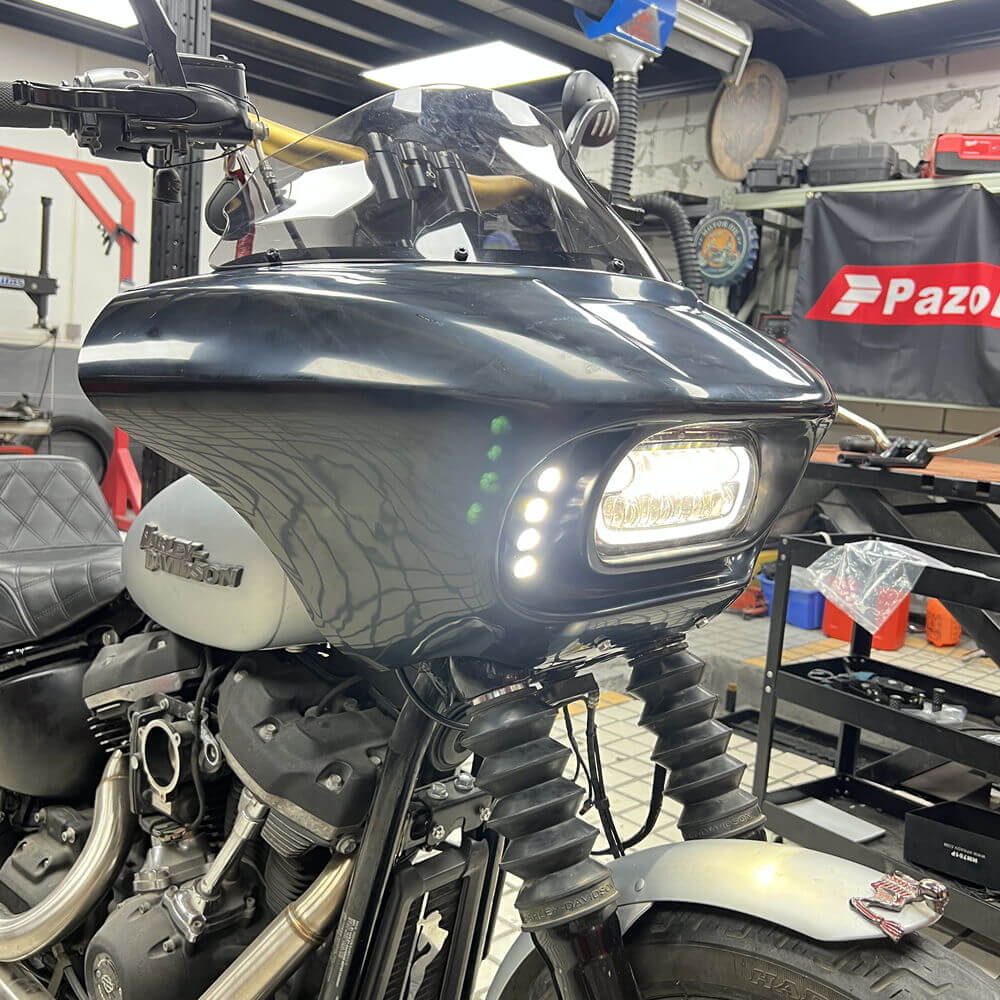 Harley M8 Softail Street Bob Low Rider Standard Club Style Headlight Shark Fairing Front Mask w/LED Headlamp DRL Turn Signal - pazoma
