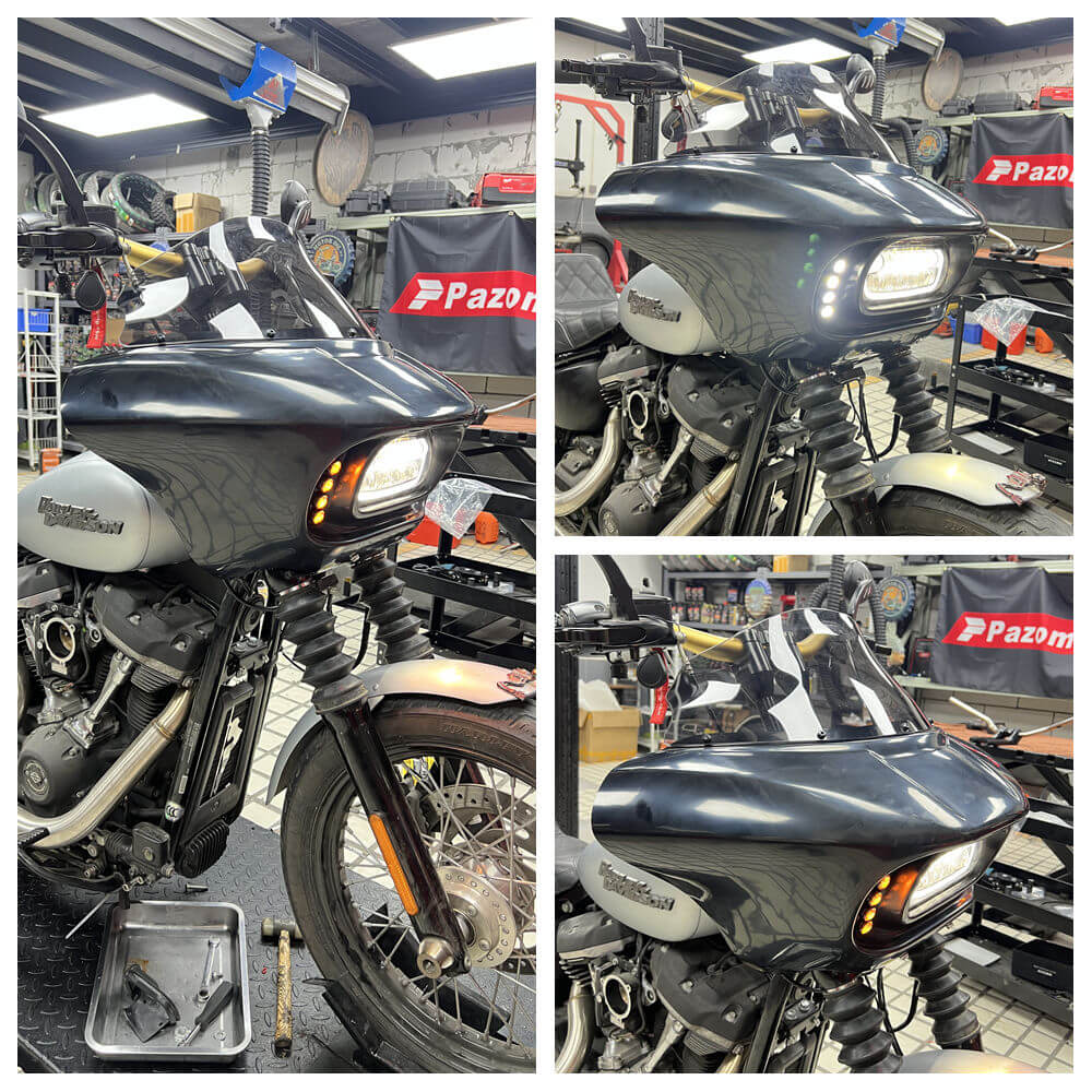 Harley M8 Softail Street Bob Low Rider Standard Club Style Headlight Shark Fairing Front Mask w/LED Headlamp DRL Turn Signal - pazoma
