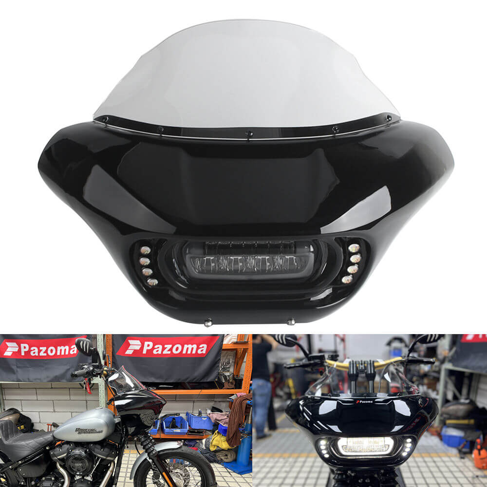 Harley M8 Softail Street Bob Low Rider Standard Club Style Headlight Shark Fairing Front Mask w/LED Headlamp DRL Turn Signal - pazoma