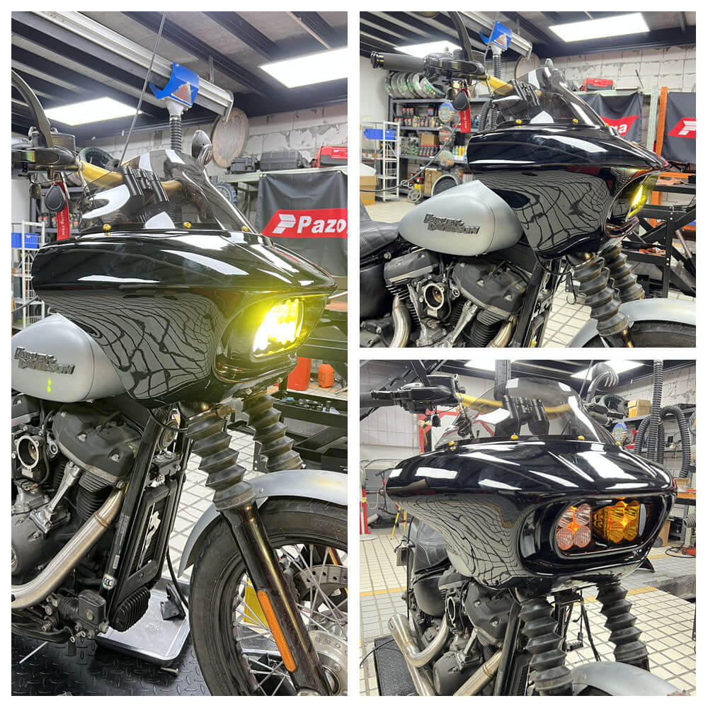 Harley M8 Softail Street Bob Low Rider Standard Front Headlight Shark Fairing w/Baja Designs Dual LP4 Lighting Bracket Mount - pazoma