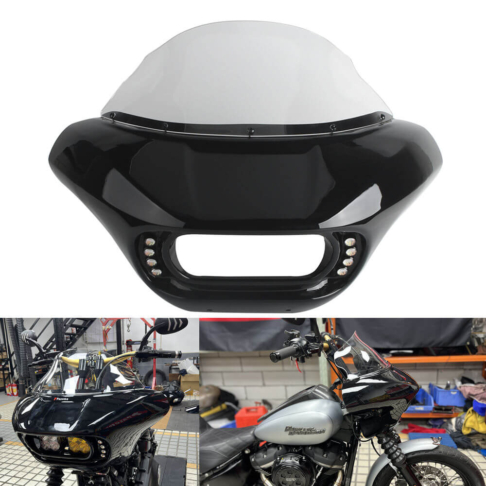 Harley M8 Softail Street Bob Low Rider Standard Front Headlight Shark Fairing w/Baja Designs Dual LP4 Lighting Bracket Mount - pazoma