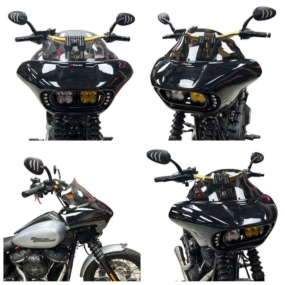 Harley M8 Softail Street Bob Low Rider Standard Front Headlight Shark Fairing w/Baja Designs Dual LP4 Lighting Bracket Mount - pazoma