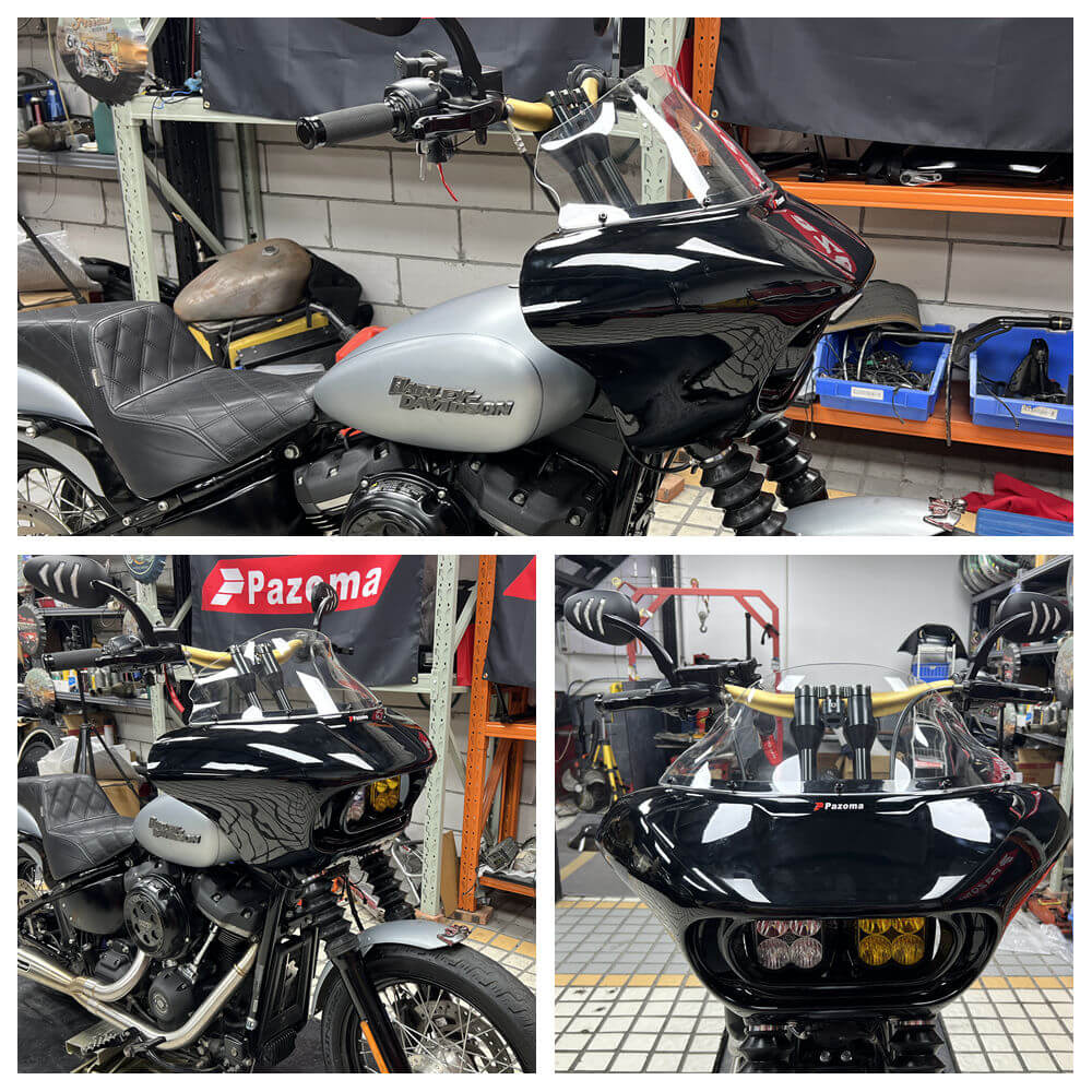 Harley M8 Softail Street Bob Low Rider Standard Front Headlight Shark Fairing w/Baja Designs Dual LP4 Lighting Bracket Mount - pazoma
