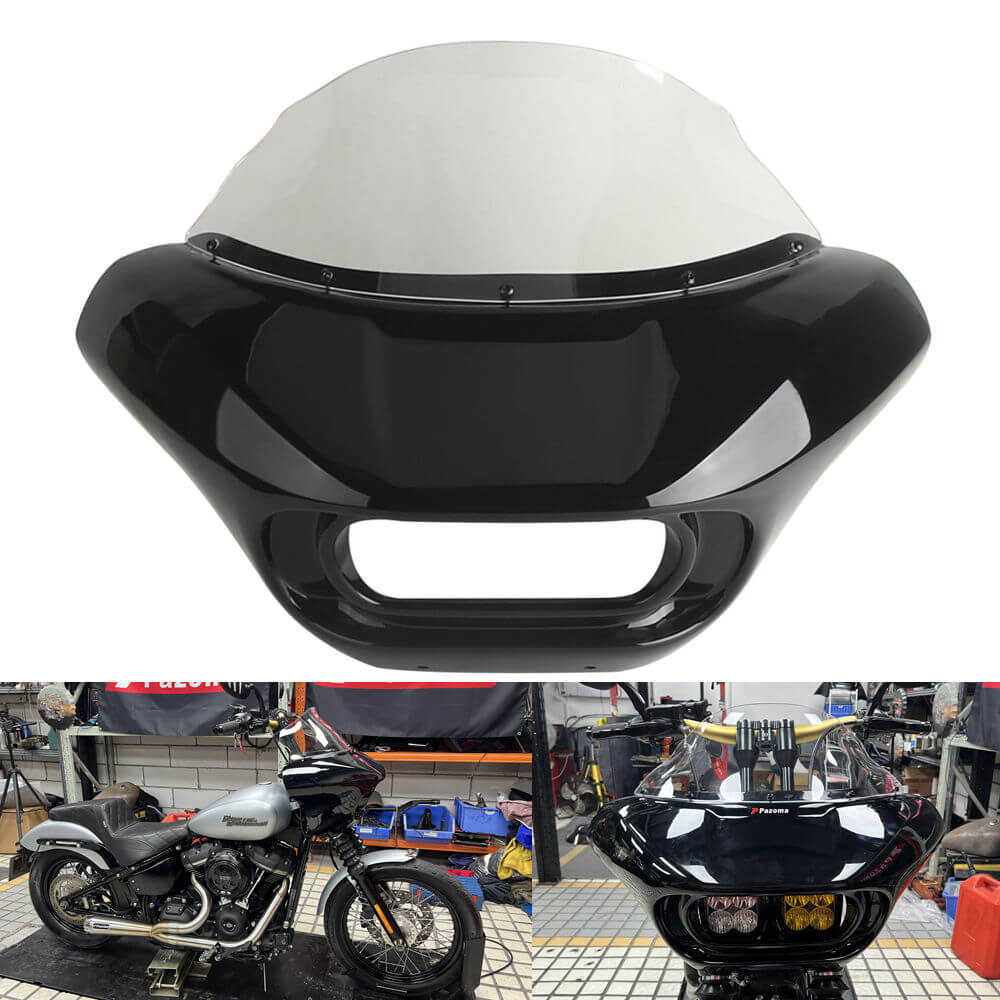 Harley M8 Softail Street Bob Low Rider Standard Front Headlight Shark Fairing w/Baja Designs Dual LP4 Lighting Bracket Mount - pazoma