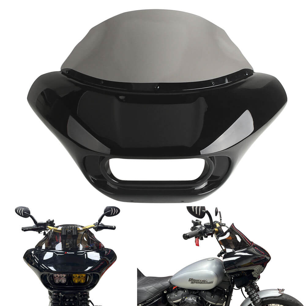 Harley M8 Softail Street Bob Low Rider Standard Front Headlight Shark Fairing w/Baja Designs Dual LP4 Lighting Bracket Mount - pazoma