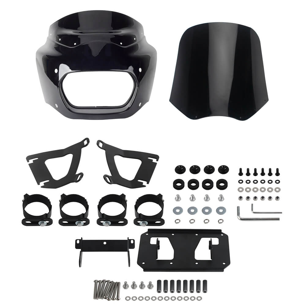 Harley Softail M8 Fat Bob 114 FXFB FXFBS Front Headlight Fairing Windshield w/Baja Designs Dual LP4 Lighting Bracket Mounting Kit - pazoma
