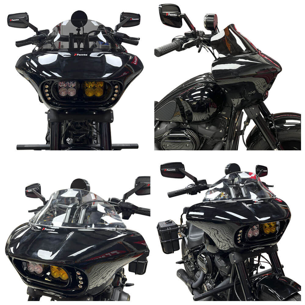 Harley Softail M8 Fat Bob 114 FXFB FXFBS Front Headlight Shark Fairing w/Baja Designs Dual LP4 Lighting Bracket Mounting Kit - pazoma