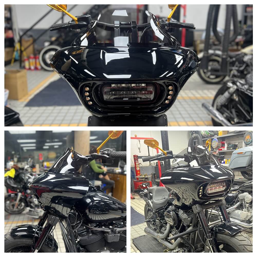 Harley Dyna Low Rider Street Bob Super Glide Club Style Headlight Shark Fairing Front Mask w/LED Headlamp DRL Turn Signal Kit - pazoma