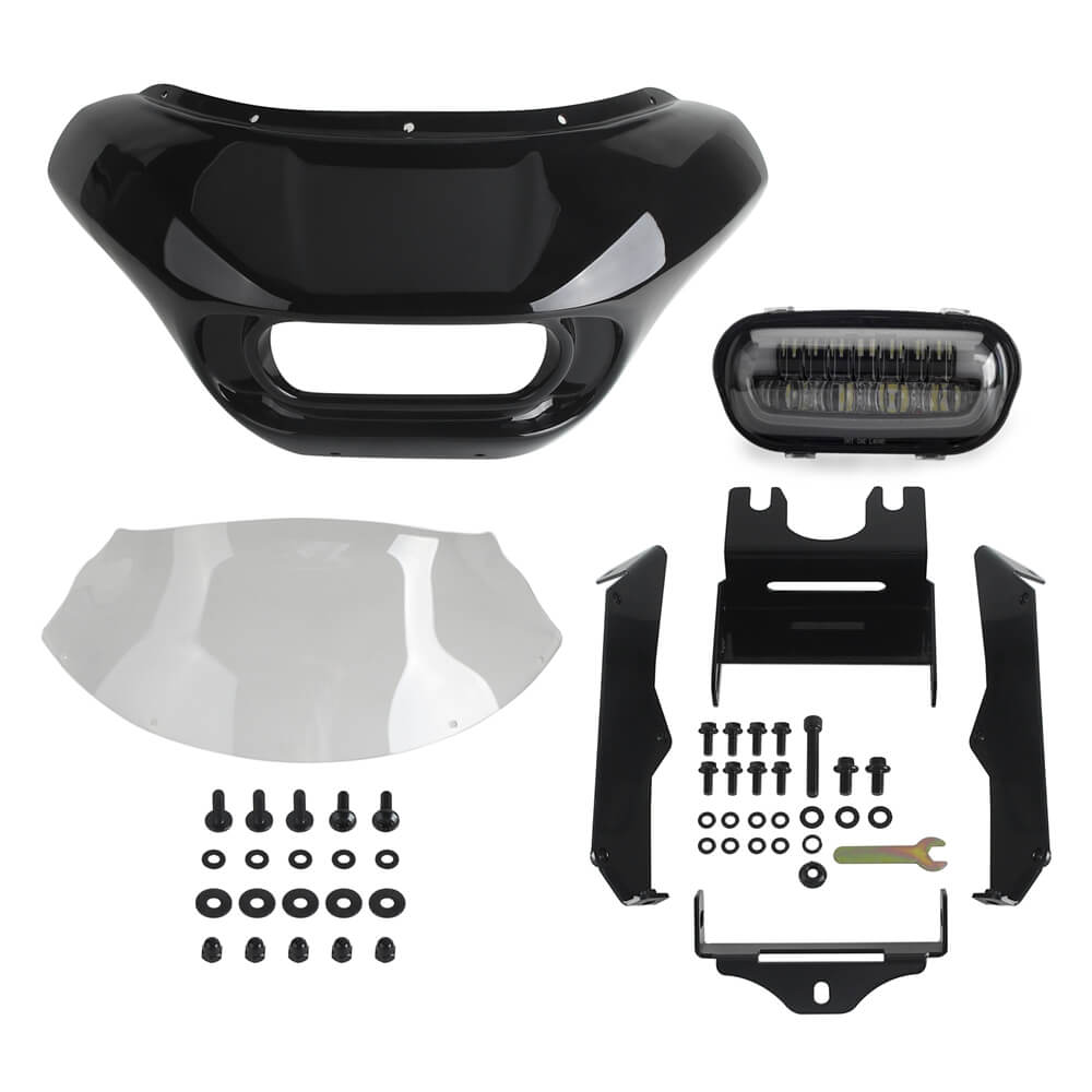 Harley M8 Softail Street Bob Low Rider Standard Club Style Headlight Shark Fairing Front Mask w/LED Headlamp DRL Turn Signal - pazoma