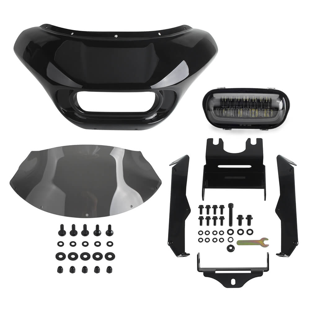 Harley M8 Softail Street Bob Low Rider Standard Club Style Headlight Shark Fairing Front Mask w/LED Headlamp DRL Turn Signal - pazoma