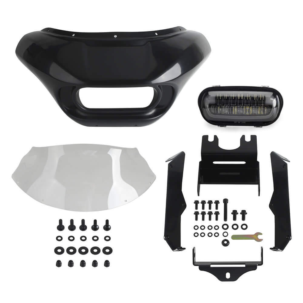 Harley M8 Softail Street Bob Low Rider Standard Club Style Headlight Shark Fairing Front Mask w/LED Headlamp DRL Turn Signal - pazoma