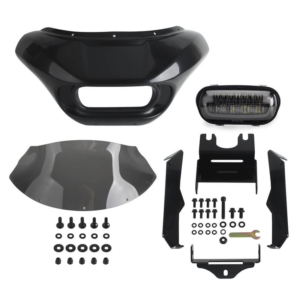 Harley M8 Softail Street Bob Low Rider Standard Club Style Headlight Shark Fairing Front Mask w/LED Headlamp DRL Turn Signal - pazoma