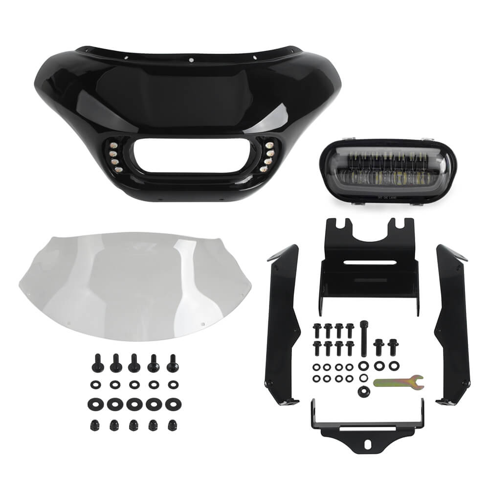 Harley M8 Softail Street Bob Low Rider Standard Club Style Headlight Shark Fairing Front Mask w/LED Headlamp DRL Turn Signal - pazoma