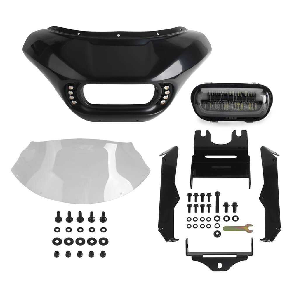 Harley M8 Softail Street Bob Low Rider Standard Club Style Headlight Shark Fairing Front Mask w/LED Headlamp DRL Turn Signal - pazoma