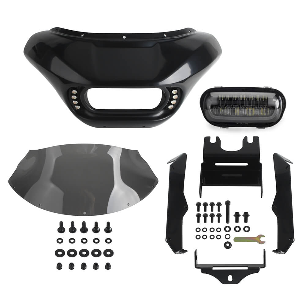 Harley M8 Softail Street Bob Low Rider Standard Club Style Headlight Shark Fairing Front Mask w/LED Headlamp DRL Turn Signal - pazoma