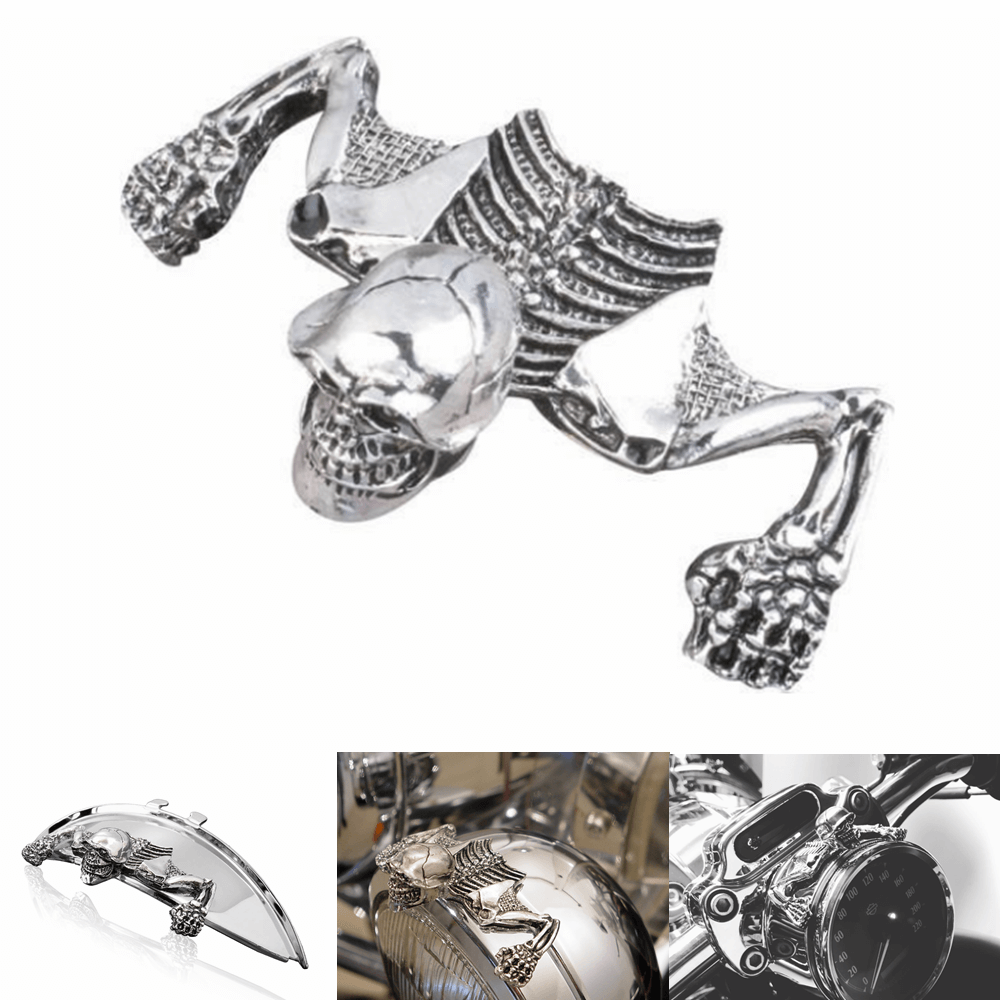 Chrome Skull Skeleton Ornament Decorative Figure Statue Harley Softail Dyna Chopper Bobber Ratrod Fender Headlight Visor headlamp Spotlamp - pazoma