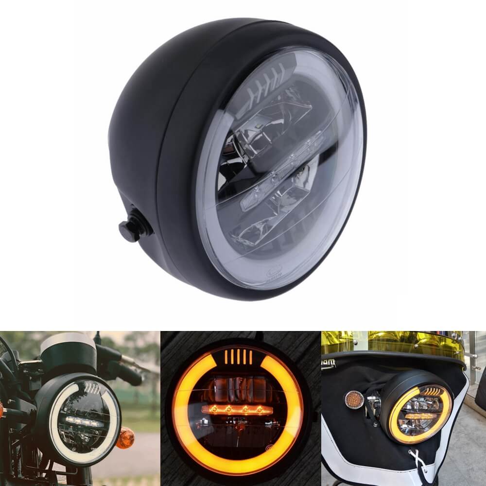 7 inch Universal Motorcycle LED Headlight Head Lamp W/ White Amber Aperture Day Running Light DRL For Chopper Cafe Racer Bobber - pazoma