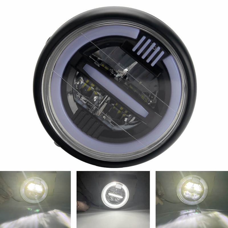 7" Universal Motorcycle LED Headlight Cafe Racer Round Headlamp w/ High Low Beam Halo Daytime Running Light DRL For HONDA CB400 - pazoma