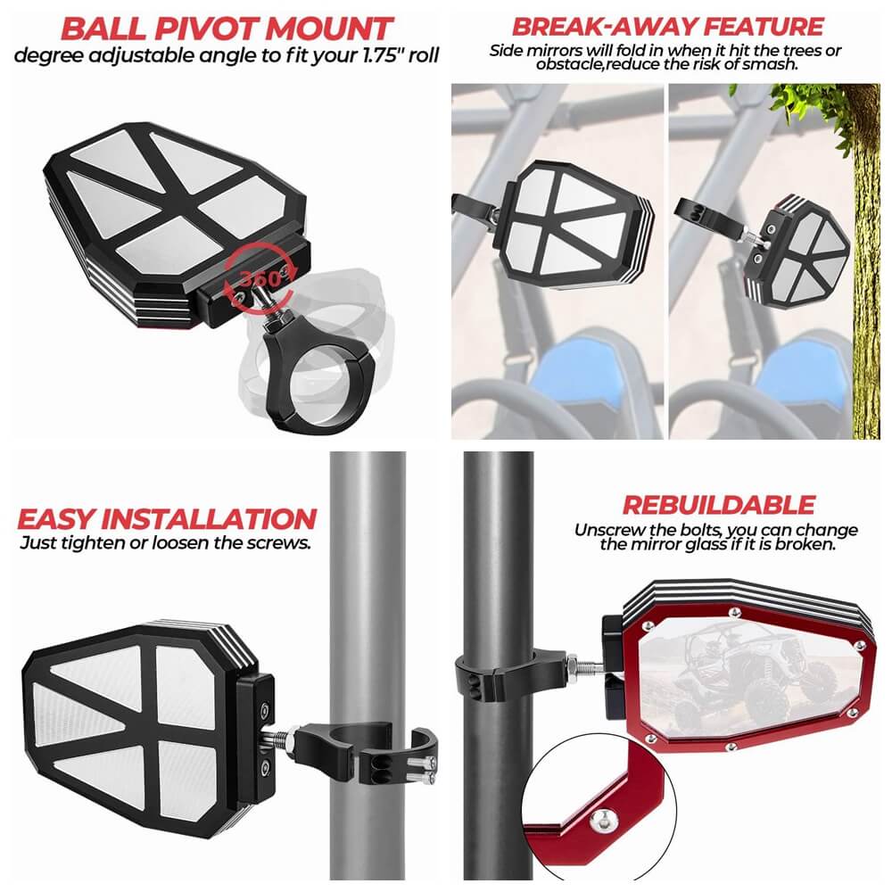 CNC Aluminium UTV Side Mirrors 1.75" Polaris Ranger RZR 800 900 1000 XP Can-Am Kawasaki Yamaha Rhino Honda Pioneer Side by Side - pazoma