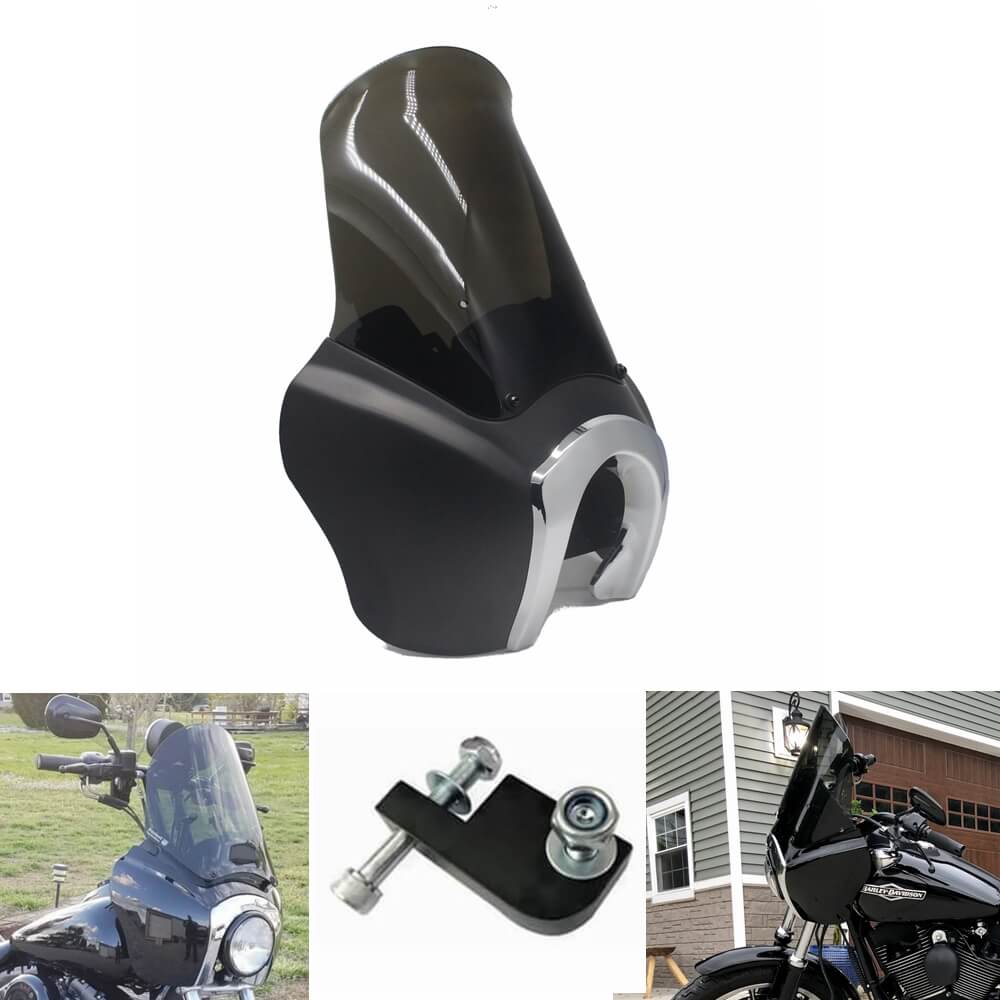 Front Fairing w/ 15'' Smoke Windshield Windscreen For Harley Dyna Wide Glide 2006-2017 Chrome Trim Bezel Headlight Relocation Block Black - pazoma