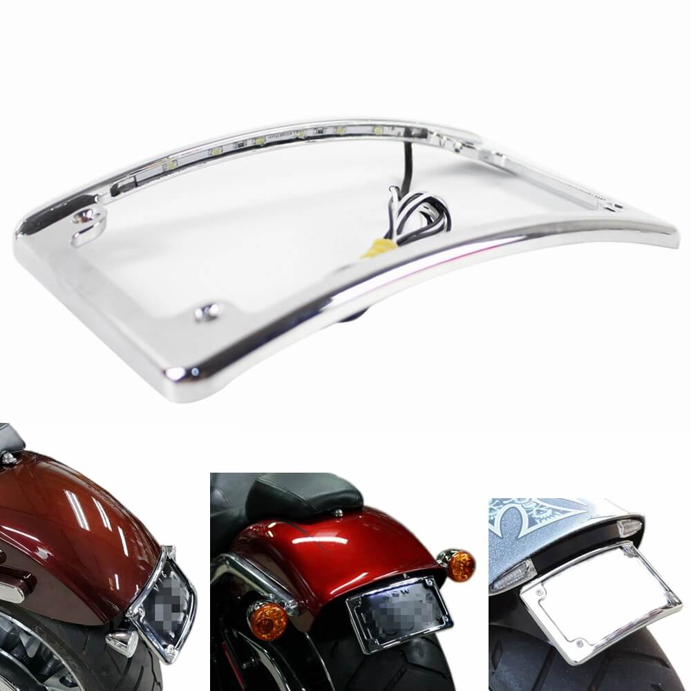 Motorcycle 4x7" Curved Radius License Plate Frame Holder Rear Fender with LED Light For Harley Softail Touring Dyna sport glide FLSL/FXBB - pazoma