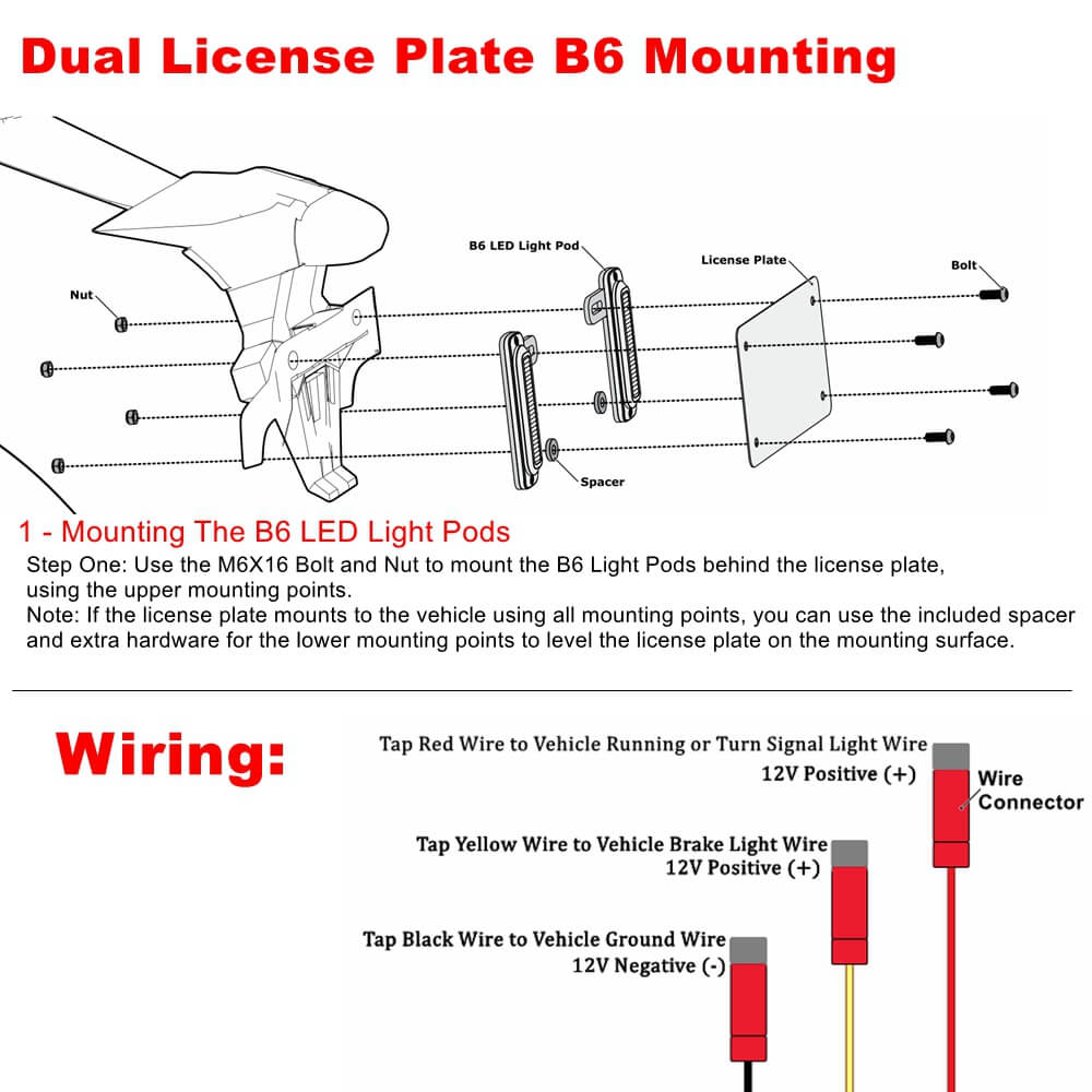 Motorcycle B6 Dual License Plate Auxiliary LED Taillight Burst Flash Brake light Daytime Running lights DRL Red or Yellow (Amber) or White - pazoma