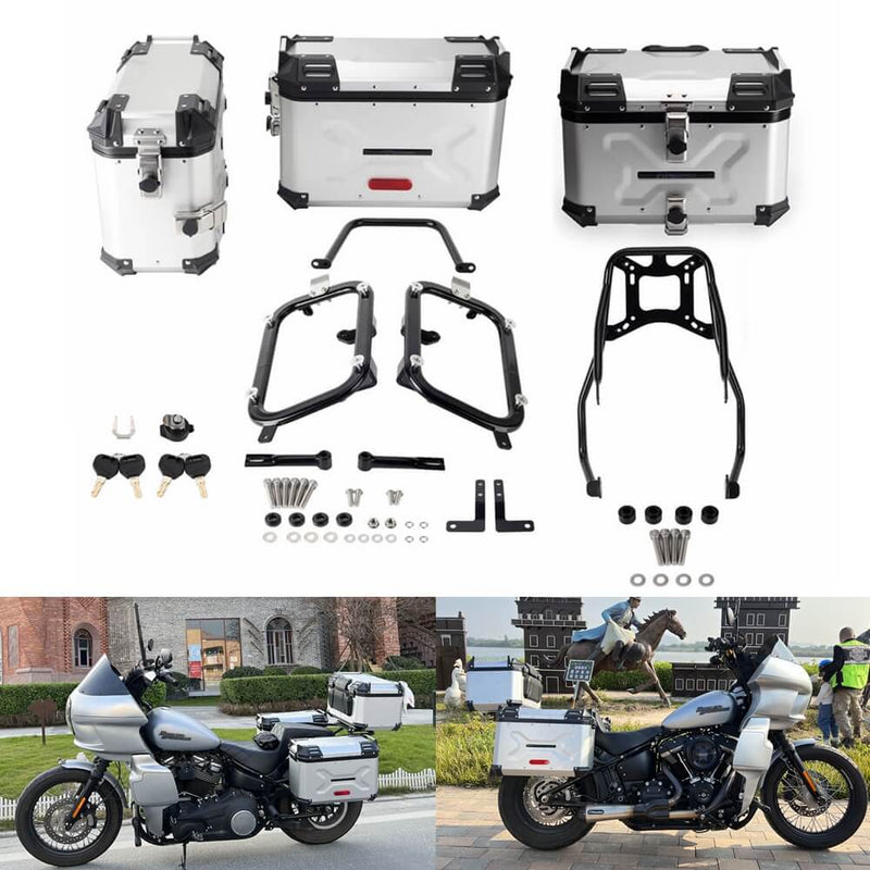 Pan America Style's Aluminum Side Top Cases Rear Luggage Tail Box W/Mount Bracket To Harley Street Bob FXBB Standard FXST 18-24 - pazoma