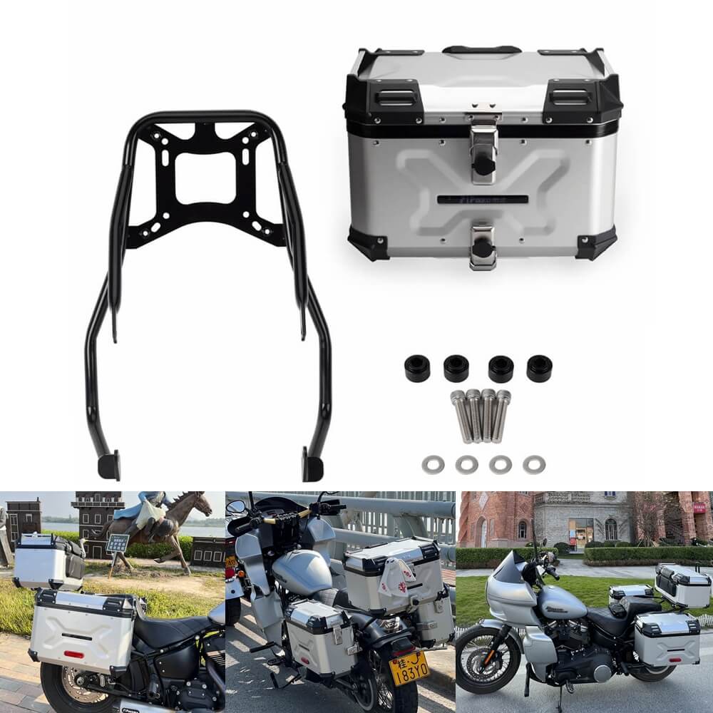 Pan America Style's Aluminum Side Top Cases Rear Luggage Tail Box W/Mount Bracket To Harley Street Bob FXBB Standard FXST 18-24 - pazoma