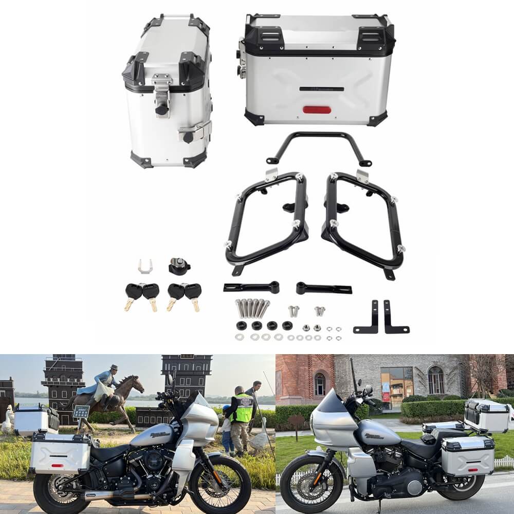 Pan America Style's Aluminum Side Top Cases Rear Luggage Tail Box W/Mount Bracket To Harley Street Bob FXBB Standard FXST 18-24 - pazoma