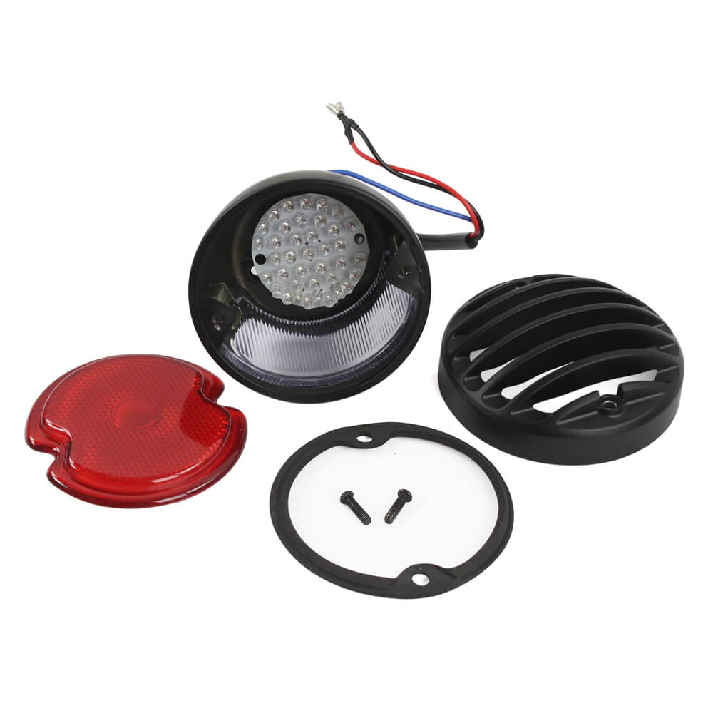 Black "RODDER" Finned LED Taillight Tail Brake Lamp RED Grill Round Universal For Harley Bobber Chopper Rat Custom Cafe Racer Hot Rod Duo Style - pazoma