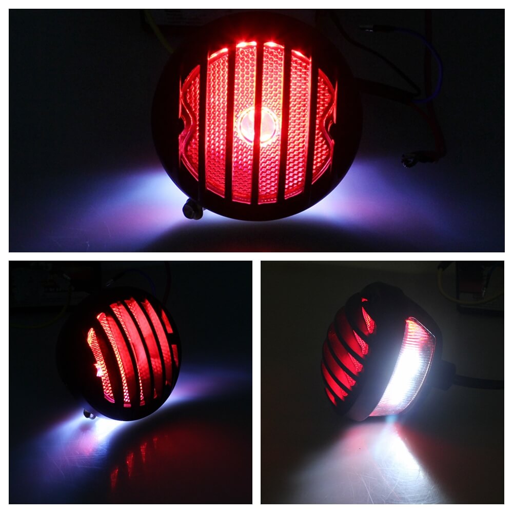 Black "RODDER" Finned LED Taillight Tail Brake Lamp RED Grill Round Universal For Harley Bobber Chopper Rat Custom Cafe Racer Hot Rod Duo Style - pazoma