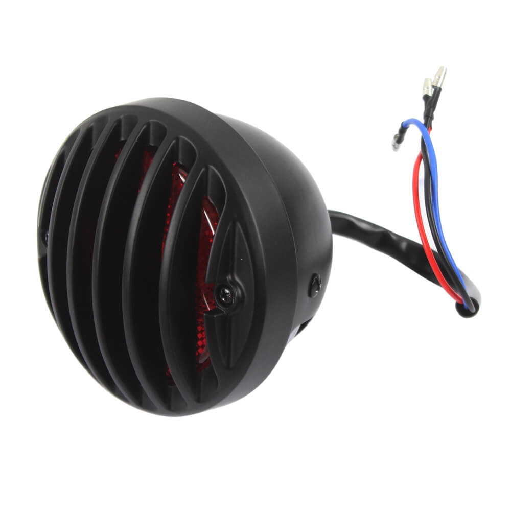 Black "RODDER" Finned LED Taillight Tail Brake Lamp RED Grill Round Universal For Harley Bobber Chopper Rat Custom Cafe Racer Hot Rod Duo Style - pazoma