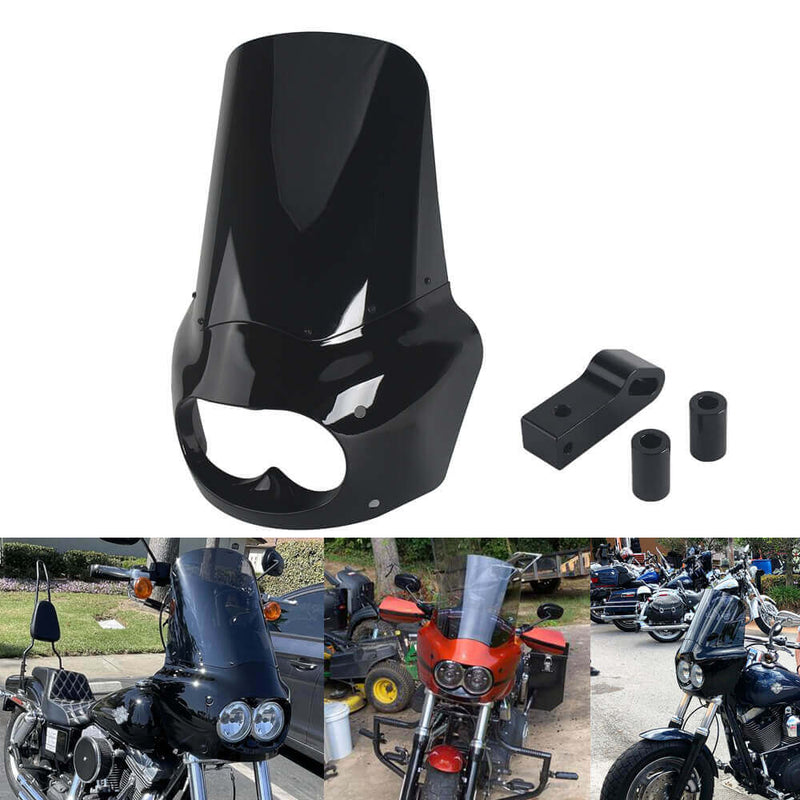 2008-2017 Harley Dyna Fat Bob FXDF Dual Headlight Fairing Windshield w/ Headlight Relocation Block Club Style Front Fairing - pazoma