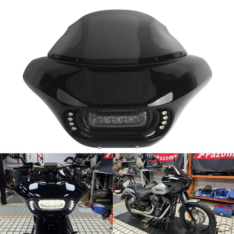 Harley M8 Softail Street Bob Low Rider Standard Club Style Headlight Shark Fairing Front Mask w/LED Headlamp DRL Turn Signal - pazoma