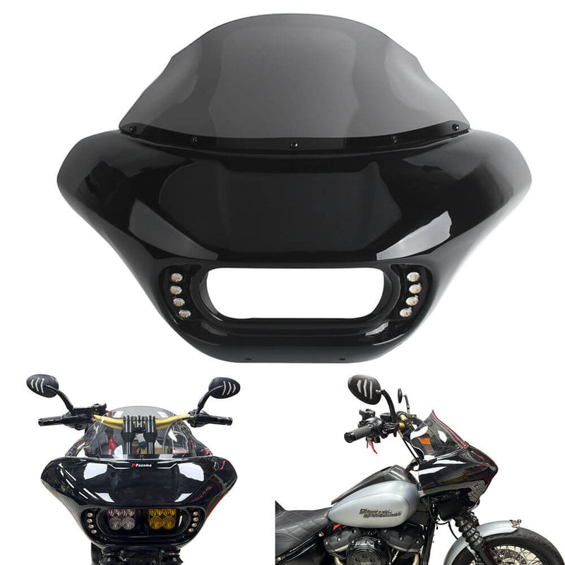 Harley M8 Softail Street Bob Low Rider Standard Front Headlight Shark Fairing w/Baja Designs Dual LP4 Lighting Bracket Mount - pazoma