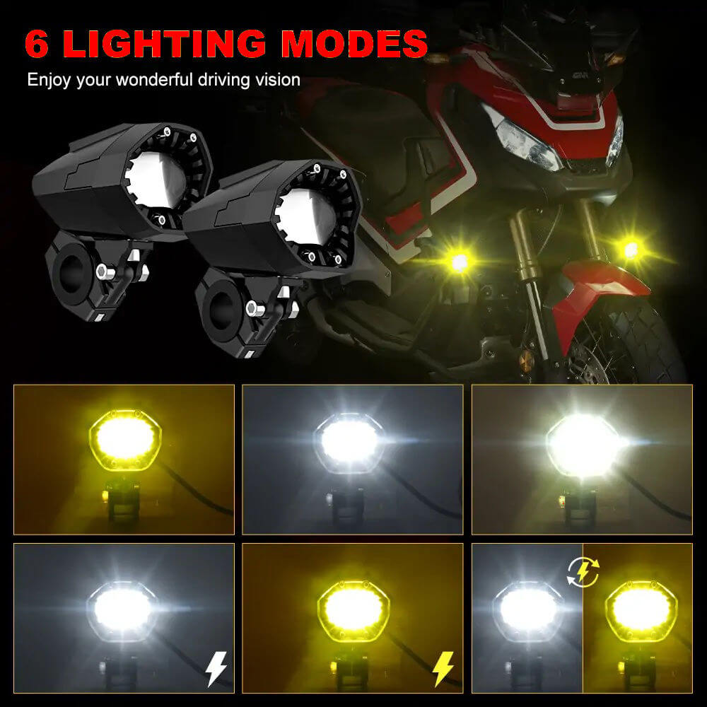 Motorcycle Fog Lights Dual Color Strobe 80W LED Spotlights Auxiliary Anti-Fog Light for Night Riding Off-Road Dirt Bike ATV UTV - pazoma