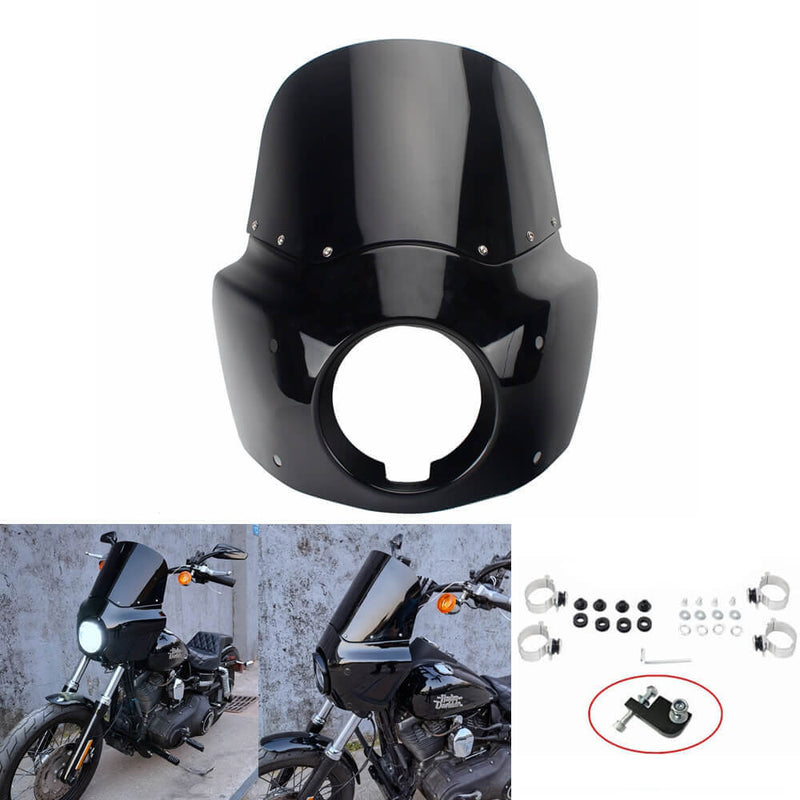 2006-2017 Harley Dyna Street Bob FXDB Headlight Fairing Windshield w/ Headlight Relocation Block Club Style Front Fairing - pazoma