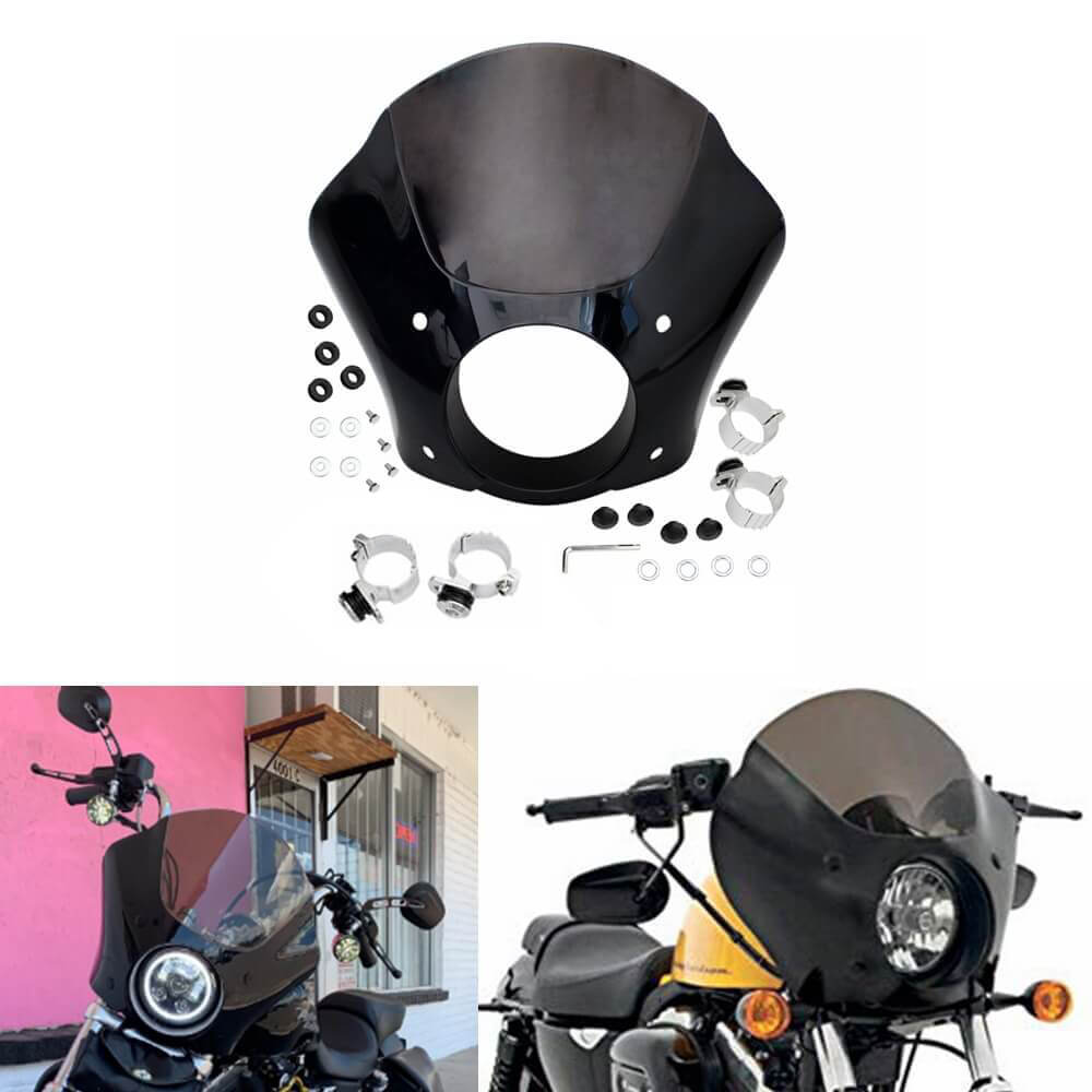 Headlight Gauntlet Front Fairing Windshield Kit for Harley Dyna Softail Street Bob Sportster XL 883 1200 Street XG500 750 1986-2020, Black+Smoke