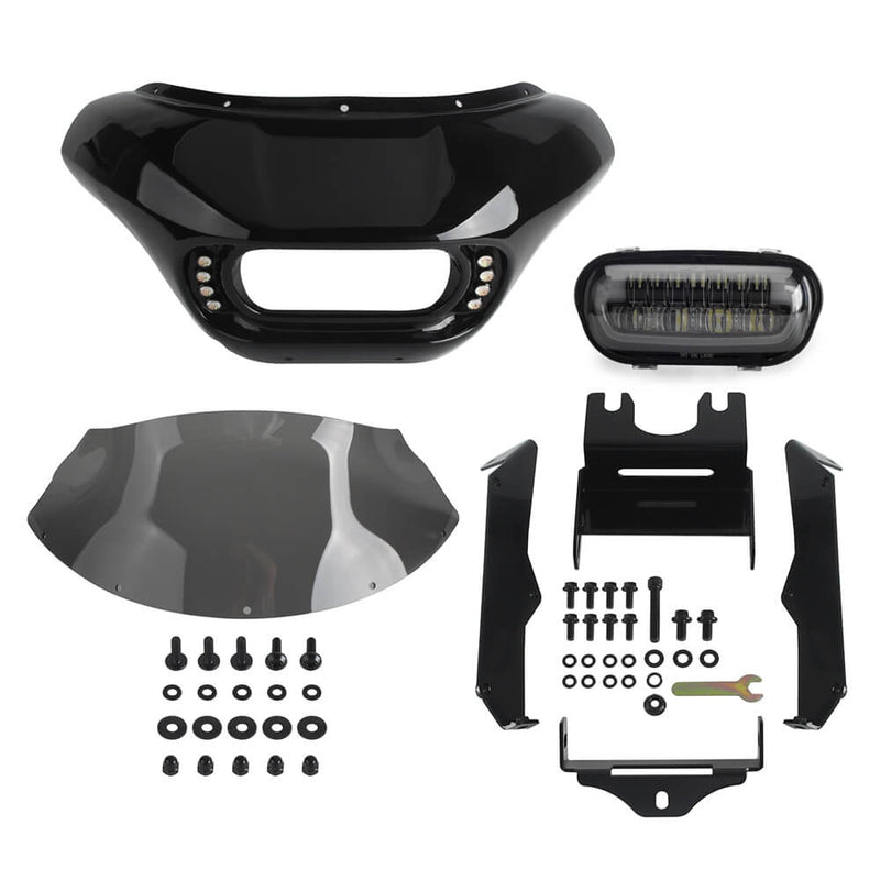 Harley M8 Softail Street Bob Low Rider Standard Club Style Headlight Shark Fairing Front Mask w/LED Headlamp DRL Turn Signal - pazoma