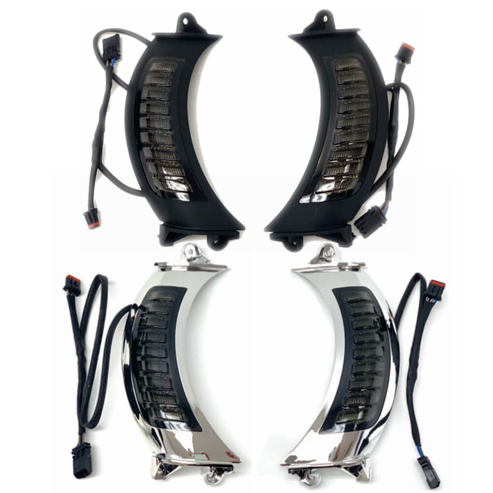 Pair LED Front Headlight Bezels for 15-22 Harley Road Glide FLTRX FLTRU Turn Signal Light with White DRL Shark Nose Fairing Lighted Vent Trim - pazoma