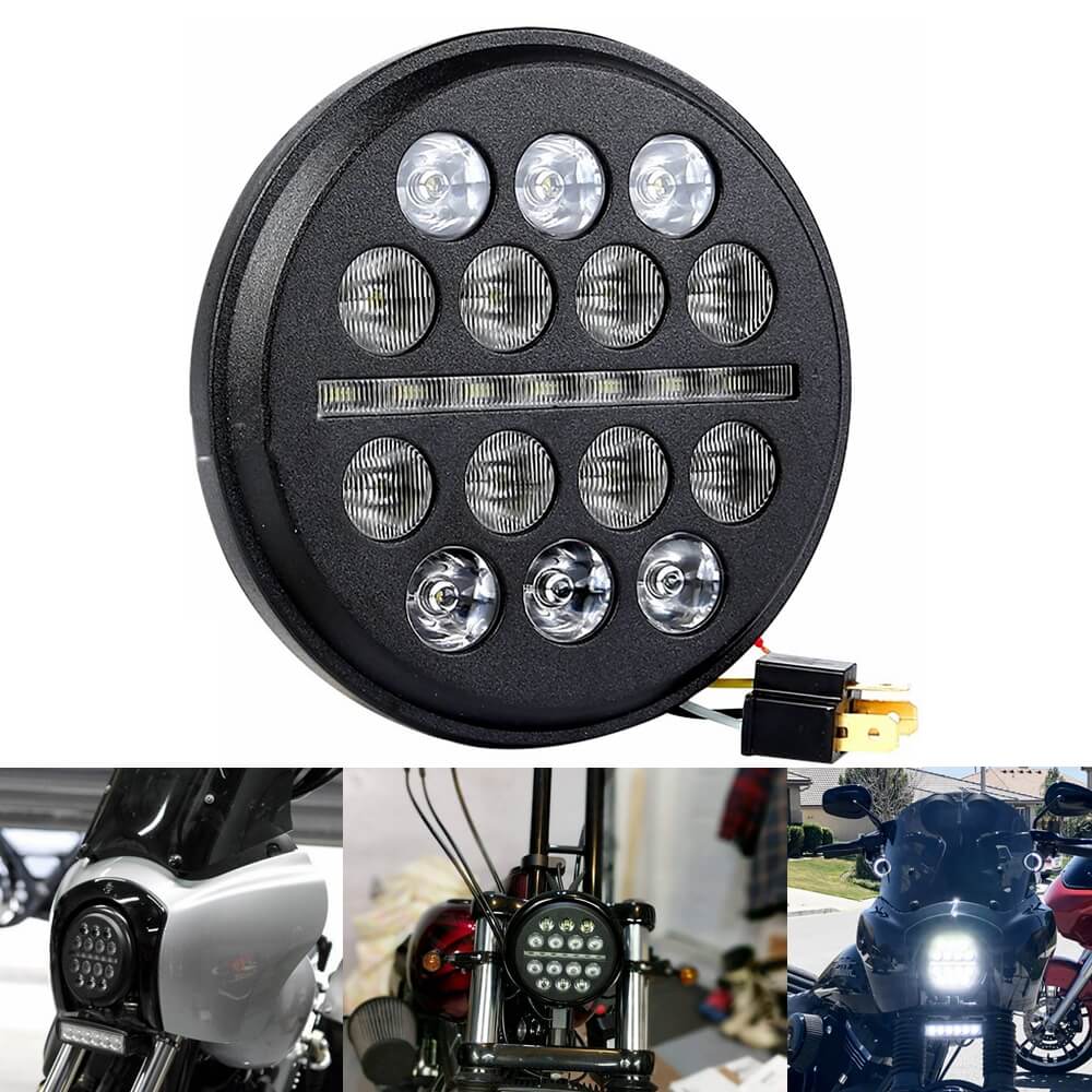 4.5" 4.5 inch Slim Line Multi LED Round Projection Headlight Black For Harley Davidson and Indian All 4 1/2" Headlight Buckets - pazoma