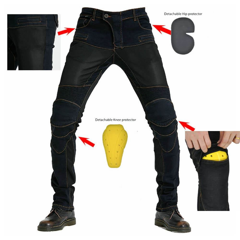 Men's Motorcycle Riding Pants Denim Jeans Protect Pads Equipment with Knee  and Hip Armor Pads VES6 (Black, XL=34)